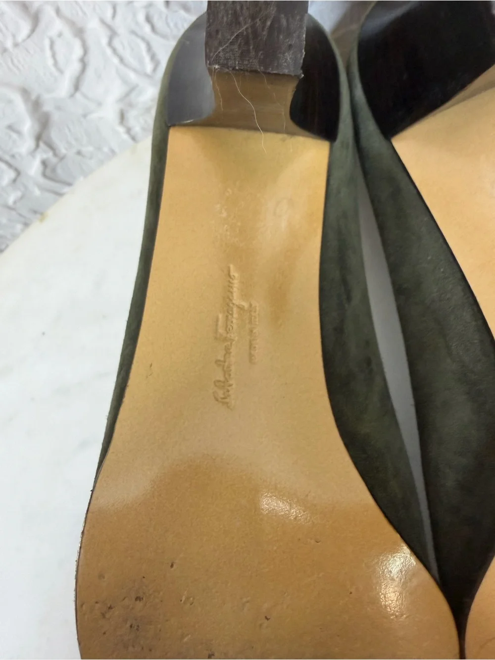 Salvatore Ferragamo Vintage 90’s Olive Green Suede Square Heel Loafers Sz 8.5